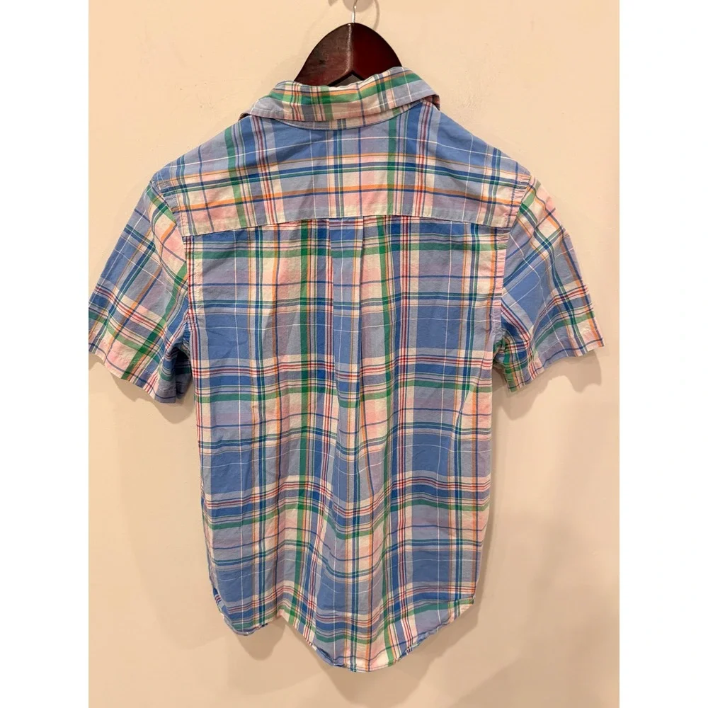 Ralph Lauren Boys Blue Green Orange Plaid Short Sleeve Button Down Shirt L 14-16